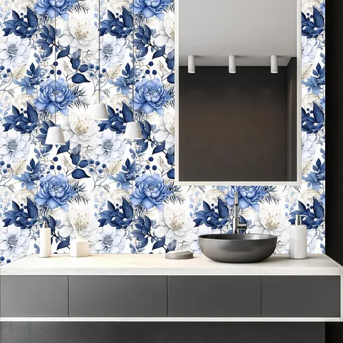 Vista 5 de Booming Peony - Papel tapiz floral de peonía para despegar y pegar - Papel tapiz autoadhesivo removible de hojas azul/blanco - Mural decorativo