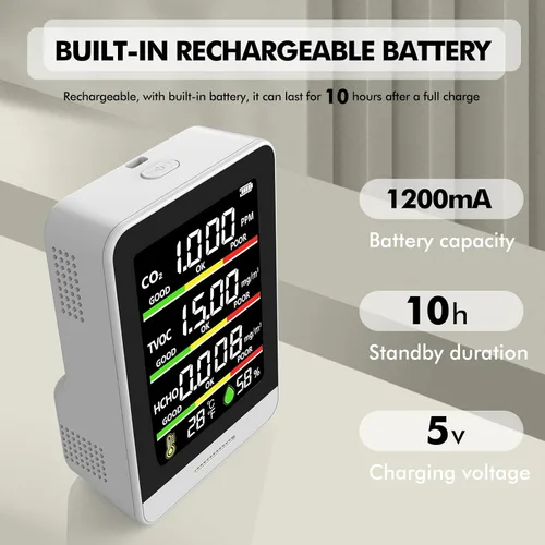 Vista 7 de Monitor de calidad del aire para interiores, probador inteligente de calidad del aire 8 en 1 con CO2, TVOC, HCHO, AQI, temperatura y humedad