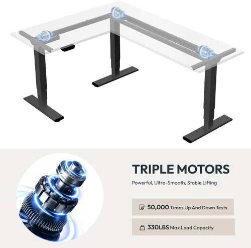 Vista 4 de SANODESK 63"x47" L-Shaped Electric Standing Desk, Triple Motor, Black Black Desktop+black Frame