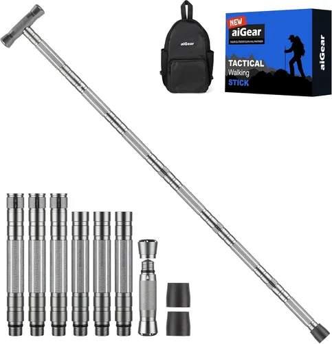 Vista 10 de aiGear G3 Tactical Walking Stick Self Defense, Upgraded Durable Hiking Stick with Multitool Adjustable 5-8 Tubes Modular Design for Hiking Camping