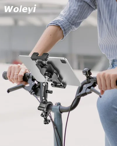 Vista 7 de Soporte para tableta de bicicleta, soporte para tableta de motocicleta con brazo de metal, abrazadera de bicicleta con ajuste de 360 grados