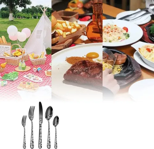 Vista 6 de Juego de cubiertos para 12 cubiertos, 60 piezas, diseño único de patrón de flores, utensilios de cocina de acero inoxidable, juego de cubiertos Oro