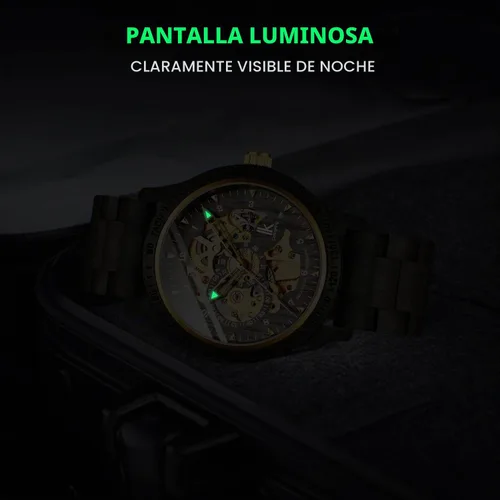 Vista 7 de IK COLOURING Relojes de lujo mecánico de madera caso esqueleto Lumious automático automático ligero cuero genuino pulsera/reloj de pulsera con banda