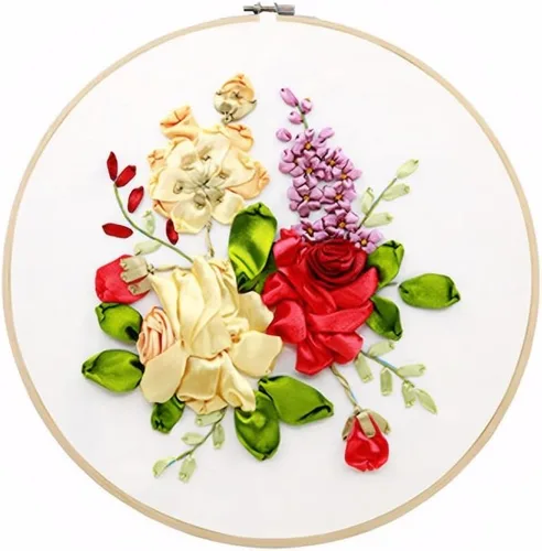 Vista 9 de Gogobear Kit de flores de bordado de cinta para principiantes y adultos, hecho a mano, decoración de pared, imágenes colgantes en 3D
