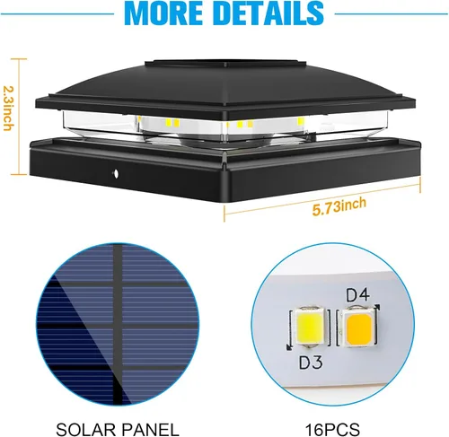 Vista 5 de VOLISUN - Luz solar para punta de poste al aire libre, impermeable, paquete de 4, valla solar - Luces para postes de 4x4, 5x5, 6x6 de madera/vinilo