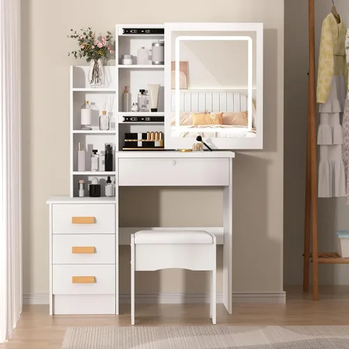 Vista 9 de Escritorio de tocador de maquillaje con espejo y luces, mesa de tocador con 4 cajones, 7 estantes y espacio extra oculto, tocador compacto