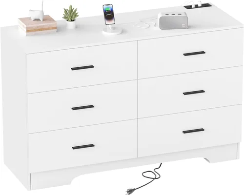 Vista 11 de GEPELCN Cómoda para dormitorio con tomas de corriente, cómoda de madera con 5 cajones con gran espacio de almacenamiento, cómoda negra con riel