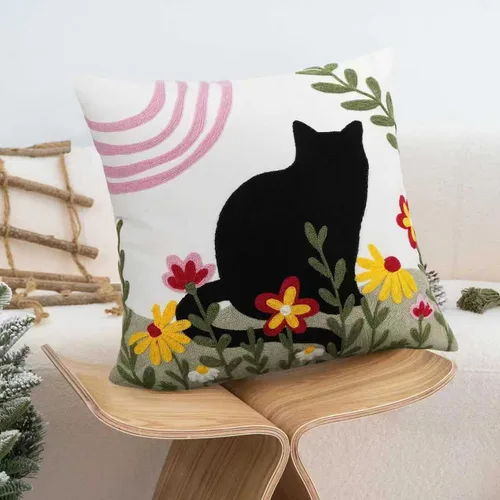 Vista 4 de JASEN Funda de almohada bordada de gato de 18 x 18 pulgadas, funda de almohada decorativa de algodón para sofá, dormitorio, sala de estar, casa