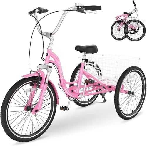 Vista 23 de H&ZT Triciclo para adultos, bicicleta de 3 ruedas, triciclo crucero, con cambio de 7 velocidades, manilla de freno de estacionamiento, paso bajo