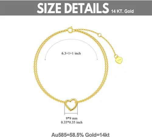 Vista 6 de SISGEM Pulsera de corazón de oro amarillo de 14 quilates para mujer, pulsera de corazón de doble cadena de oro real, regalo de aniversario