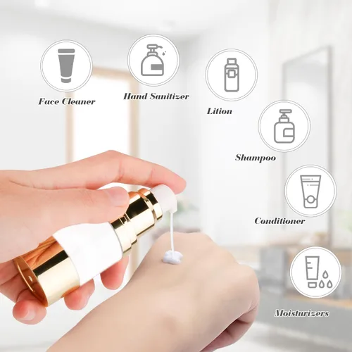 Vista 8 de 4 botellas de plástico transparente sin aire de 0.5 fl oz/0.5 oz con cabeza dorada, vacíos, rellenables, al vacío, cosméticos, almacenamiento