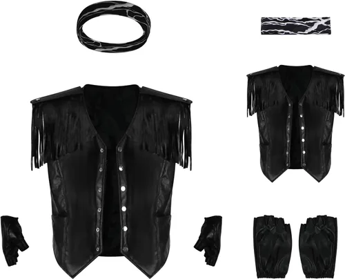 Vista 2 de Fringe Vest Costume Fringe Top For Men Leather Black 80s Disco Hippie Sleeveless Open Front Jacket Halloween Cosplay