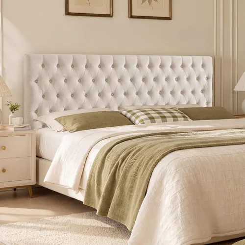 Vista 7 de Kingfun Cabecera tapizada de tamaño Queen solamente, cabeceros capitoné de lino de alta calidad, cabecero ajustable de madera maciza, cabecera Beige