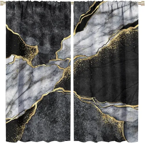 Vista 37 de Cortinas abstractas de mármol de lujo de lujo azul marino dorado a rayas con patrón de mármol estampado para dormitorio, sala de estar, cortinas