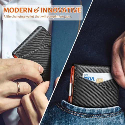 Vista 58 de GSOIAX Cartera delgada de cuero plegable RFID para hombre, billetera minimalista con bolsillo frontal con clip para dinero, 12 ranuras para Negro
