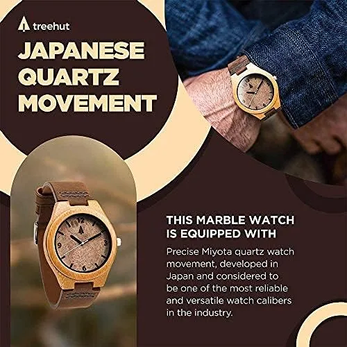 Vista 2 de Treehut Reloj de madera de bambú de nogal para hombre con correa de cuero marrón genuino analógico de cuarzo con movimiento Miyota, 1.3 pulgadas..