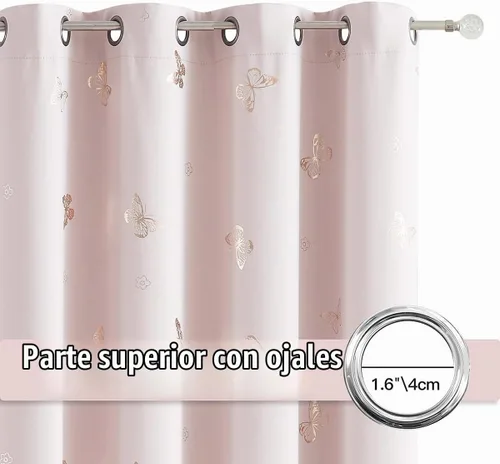Vista 2 de Jubilantex - Cortinas opacas con diseño de mariposa dorada, 80 % rosa bebé Cortinas opacas 80% rosa lavanda/rosa bebé, estampado de mariposa