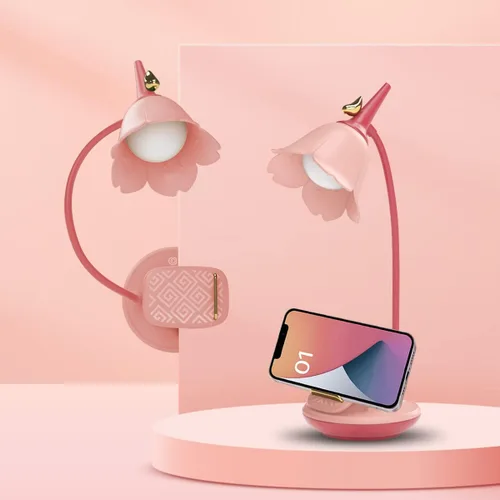 Vista 2 de Lámpara de escritorio rosa con abrazadera, lámpara LED pequeña recargable, cuello de cisne ajustable, regulable, linda para dormitorio de niñas