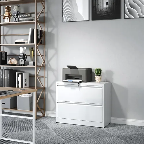 Vista 8 de Archivador de 2 cajones, archivador lateral de metal con cerradura, gabinete organizador de almacenamiento de oficina en casa para archivos de Blanco