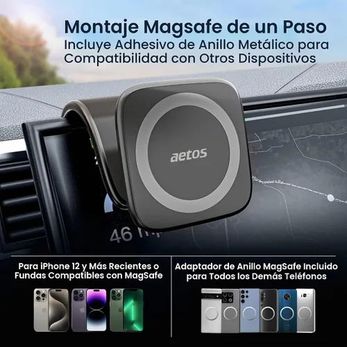 Vista 3 de aetos Soporte para teléfono MagSafe para iPhone 17/16/15/14/13/12 Pro/Plus/Max y teléfonos Android con adaptador de anillo. Cabezal giratorio