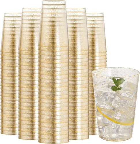 Vista 15 de I00000 Paquete de 100 unidades de vasos de plástico dorado de 12 onzas, vasos desechables con borde dorado, vasos de vino desechables y copas