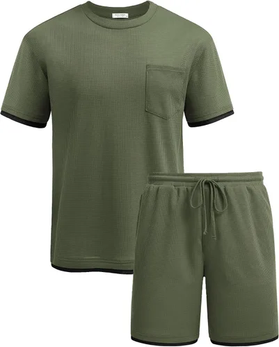 Vista 11 de COOFANDY Conjunto de camisa y pantalones cortos de gofre para hombre, conjunto de 2 piezas, conjunto casual de verano con bolsillos