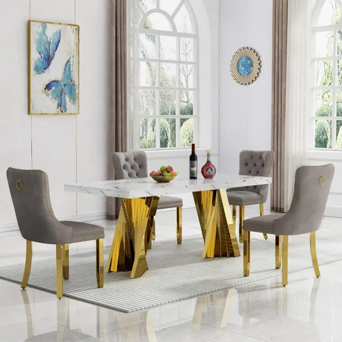 Vista 79 de HomVent - Juego de mesa de comedor de mármol sintético de 68 pulgadas con 4 sillas de terciopelo para cocina Modern Rectangular Faux Marble