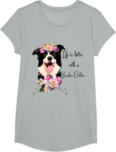 Vista 90 de Life is Better With a Border Collie - Camiseta de perro lindo con flores, gris, S Gris Oscuro