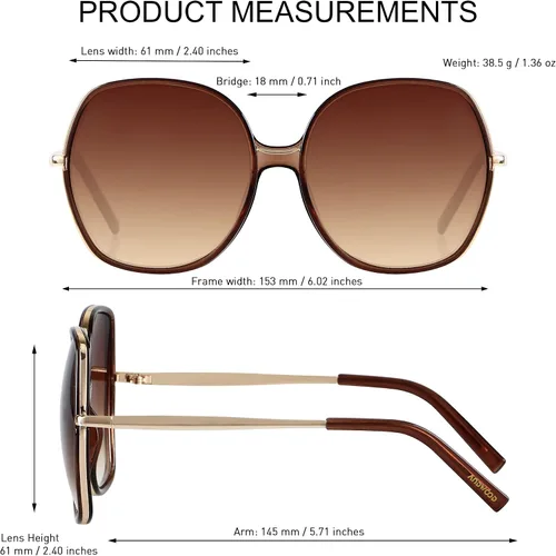 Vista 5 de ANDWOOD Lentes de sol de gran tamaño para mujer, marco ancho cuadrado, retro, moderno, protección UV