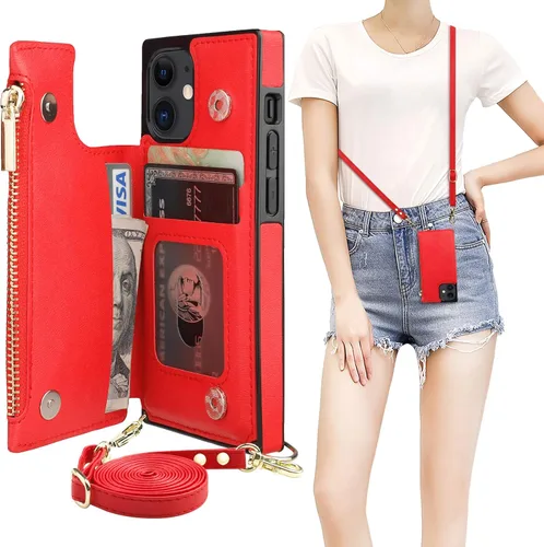 Vista 10 de Bocasal Funda tipo cartera cruzada para iPhone 12 Mini con tarjetero, protector de ranura para tarjetas con cremallera, a prueba de golpes, con Negro