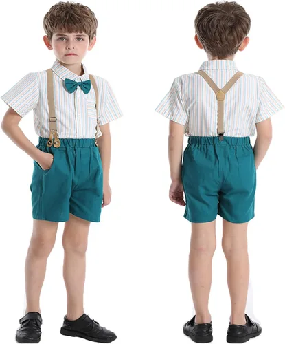 Vista 2 de Conjunto de traje de caballero de manga corta para bebé niño con corbatín + pantalones cortos con tirantes y pantalones cortos para bautizo festivo