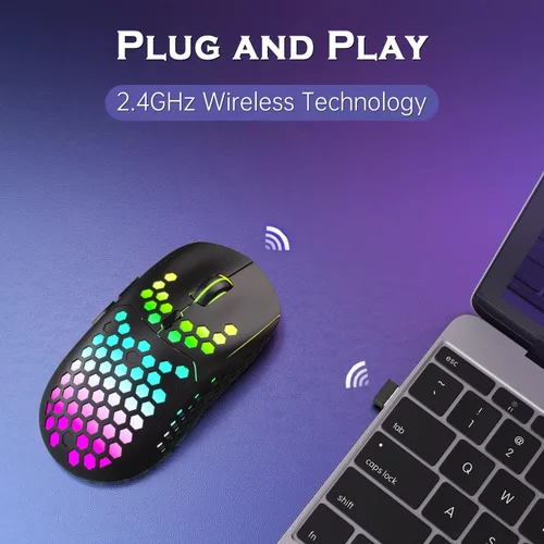 Vista 3 de Mouse inalámbrico ligero para juegos, mouse recargable UHURU WM-08 con carcasa de panal de abeja, 11 modos de luz LED, 4 DPI ajustables, mouse RGB