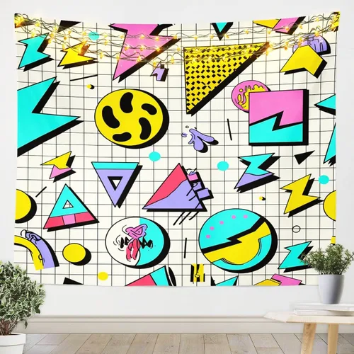 Vista 15 de Tapiz retro de los años 80 y 90, tamaño pequeño de 51 x 59, tapices geométricos abstractos urbanos modernos y colgantes de pared triangulares, arte
