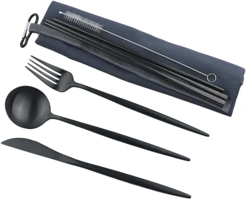Vista 4 de Utensilios de viaje reutilizables, 7 piezas portátiles de acero inoxidable 304, incluyendo cuchillo, tenedor, cuchara, palillos, cepillo