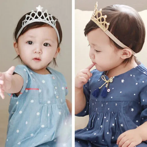 Vista 4 de DonLeeving Paquete de 6 diademas de tiara con purpurina para niñas, bandas elásticas para el pelo de princesa para niños pequeños