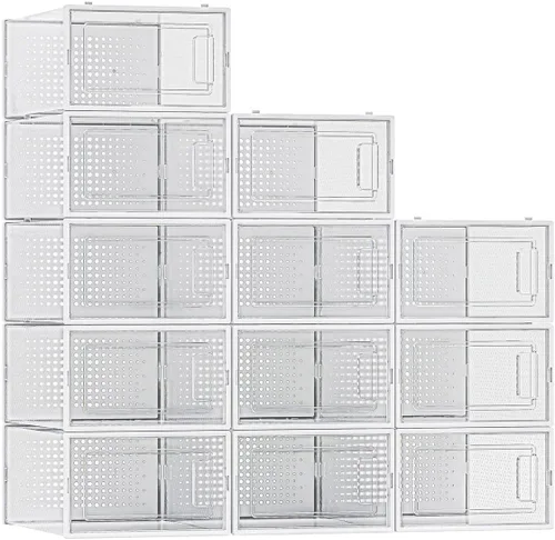 Vista 2 de Paquete de 12 cubos de almacenamiento organizadores de zapatos, cajas de zapatos apilables de plástico transparente para armario, contenedores