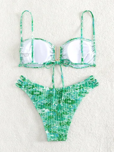 Vista 2 de MakeMeChic Traje de baño de 2 piezas para mujer con estampado floral y corte fruncido
