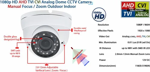 Vista 4 de Evertech Cámara de seguridad domo HD 1080p de metal resistente a la intemperie, carcasa de 2.8 ~ 0.472 in, lente de zoom variable de gran angular