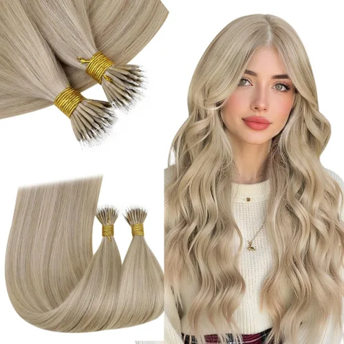 Vista 126 de RUNATURE Extensiones de cabello humano con punta en U, color marrón ceniza a rubio platino