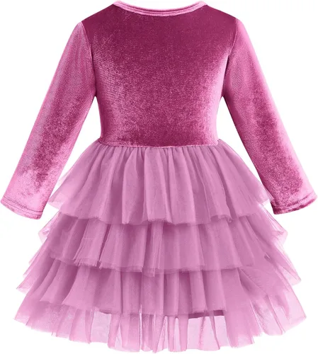 Vista 2 de Vestido de tutú de tul escalonado de terciopelo de manga larga para otoño e invierno para niñas y niñas