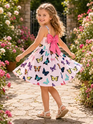 Vista 4 de Vestido de verano para niños pequeños, con tirantes delgados, sin espalda, con lazo, para cumpleaños, playa, vestido de playa A-Butterfly