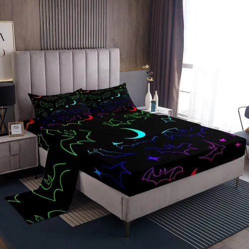 Vista 15 de Lindas sábanas de murciélagos tamaño individual, juego de sábanas de Feliz Halloween para niños y niñas, Kawaii cielo estrellado estrellas luna