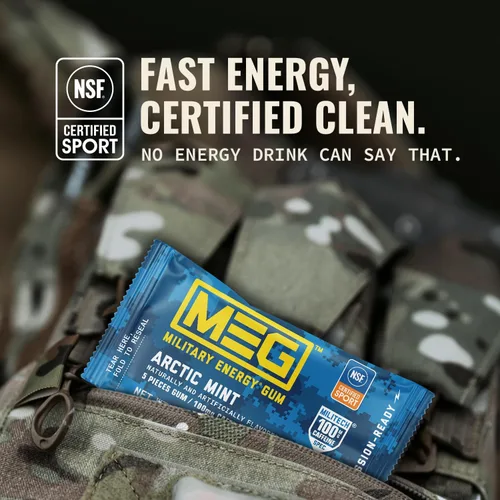 Vista 7 de MEG - Goma de mascar energética militar - Arctic Mint 100 mg de cafeína por pieza para rendimiento físico, impulso de energía para entrenamientos