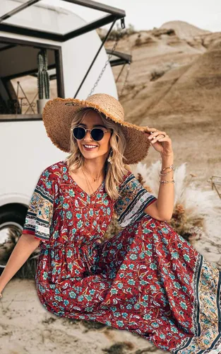 Vista 5 de PRETTYGARDEN - Vestido bohemio casual de verano para mujer, con estampado floral, cuello en V, manga corta, cintura alta, largo hasta el piso