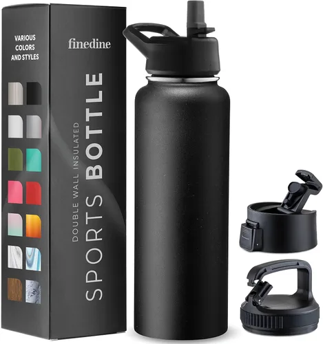 Vista 32 de FineDine Botellas de agua aisladas de triple pared con popote, botella de metal de acero inoxidable de 25 onzas con 3 tapas a prueba de fugas