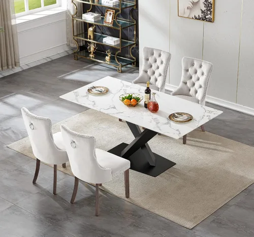 Vista 2 de Juego de mesa de comedor de mármol blanco para 4, 70 pulgadas, mesa de comedor de mármol blanco con 4 sillas de terciopelo beige y base de acero al