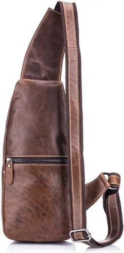Vista 6 de Bolso bandolera de cuero genuino para hombre, mochila cruzada para el hombro, resistente al agua, antirrobo, para viajes, senderismo, escuela, Marrón
