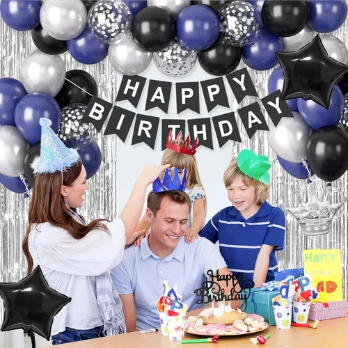 Vista 6 de Decoraciones de cumpleaños azul marino y negro para hombres, globo de confeti negro y azul con pancarta de "Happy Birthday", cortinas con flecos