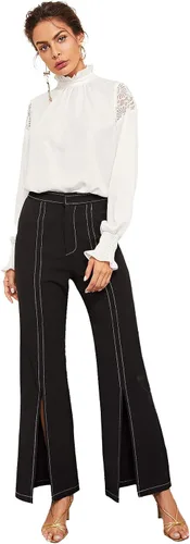 Vista 4 de Floerns Blusa de gasa transparente de manga larga abombada con cuello alto falso para mujer