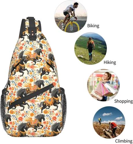 Vista 5 de Small Crossbody Bags for Women Men - Vintage Flowers Horse Black Print Adjustable Shoulder Bag Fanny Packs Belt Sling Bag Crossbody Purses Backpack